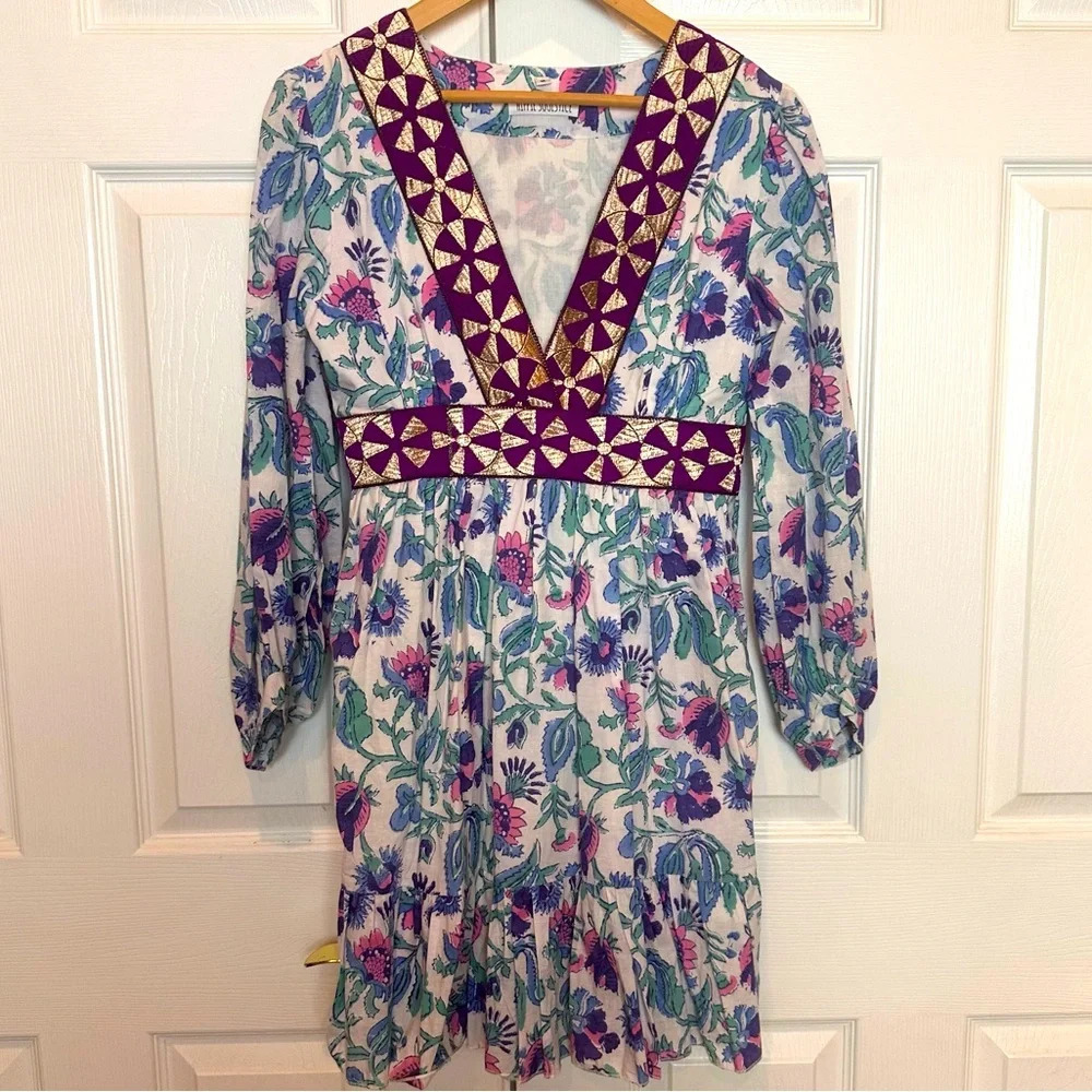 Hippie Soulstice‎ Baby Doll Bohemian Dress Sz Medium Floral Aztec Lined Flare